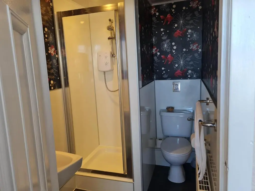 a bathroom with a blue toilet and a shower at Victoria Hotel in Portknockie