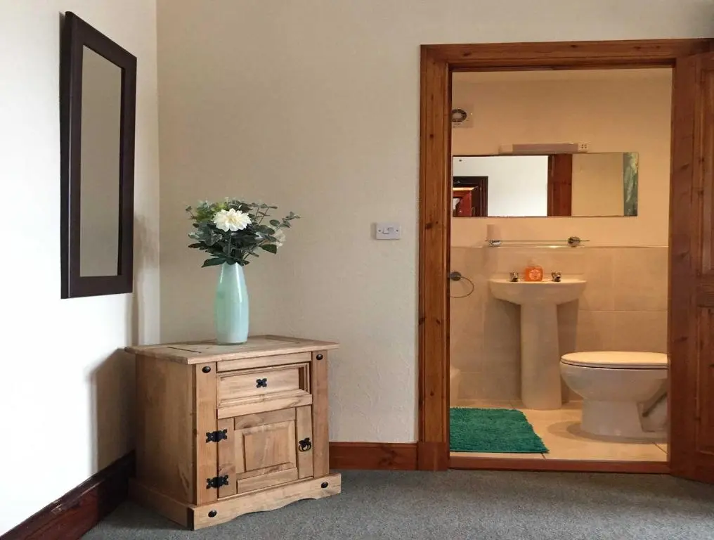 a bathroom with a toilet and a vase of flowers on a cabinet at Garfield Guesthouse in Dingwall