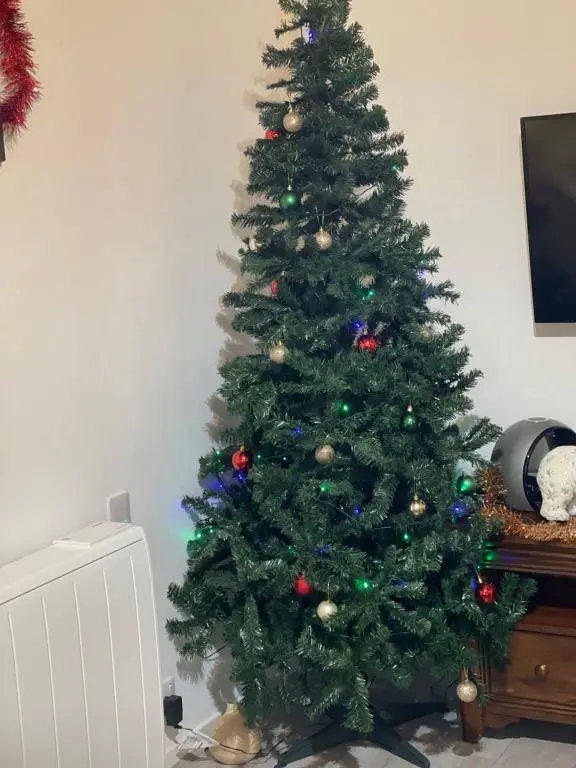 a christmas tree with ornaments on it in a room at Coppice Cottage in Grantown on Spey