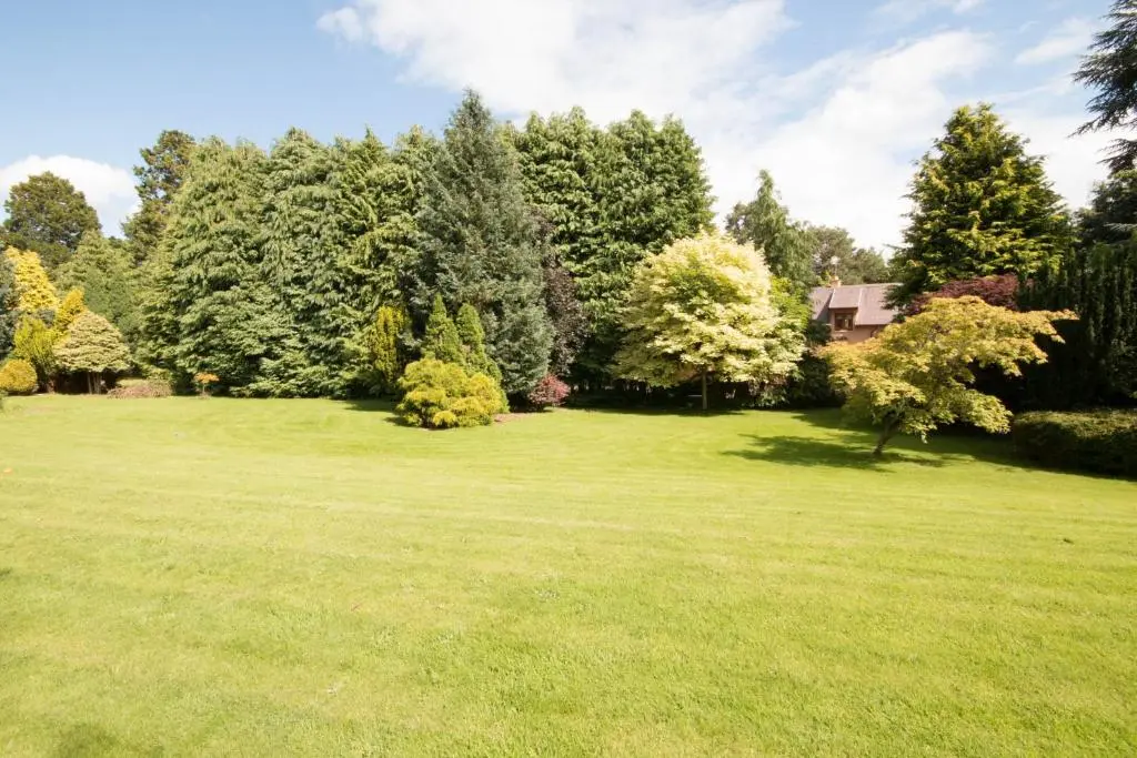 a large grassy yard with trees and a house at Firlands Lodge in Forres