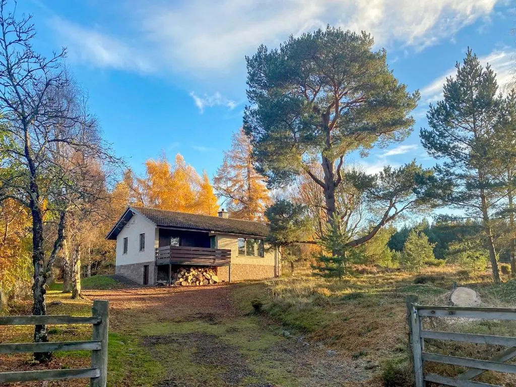 a white house in the middle of a forest at Kintulloch in Insh