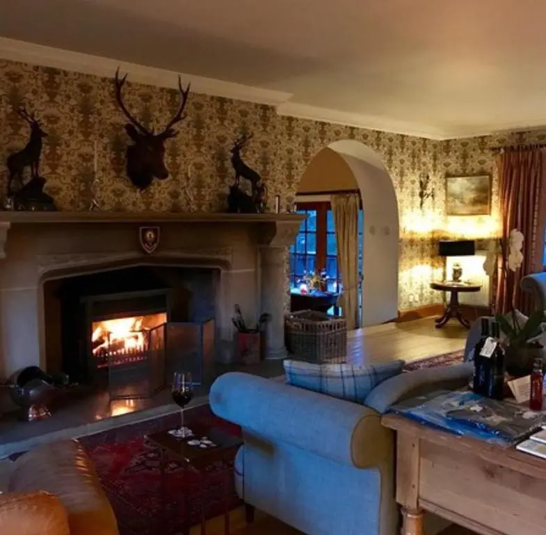 a living room with a blue couch and a fireplace at Highland Bear Lodge & Luxury Bear Huts in Drumnadrochit