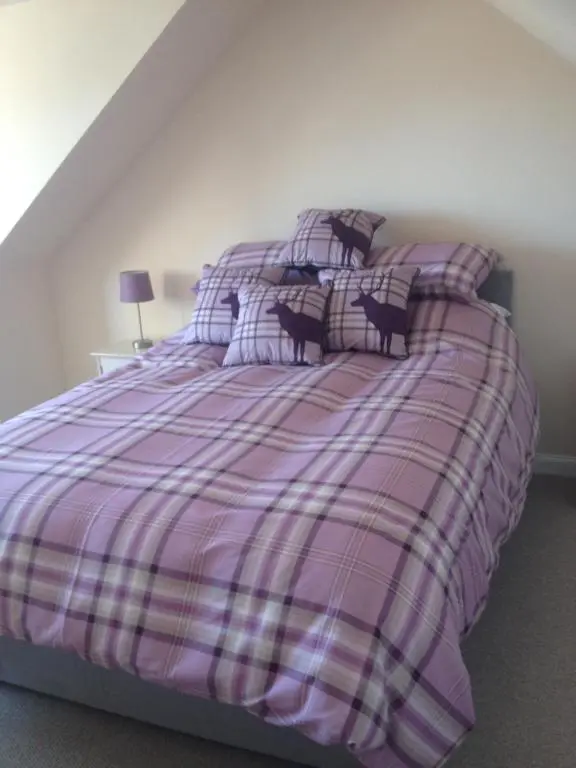 a bed with a purple plaid blanket and pillows at Acorn Apartment in Dufftown