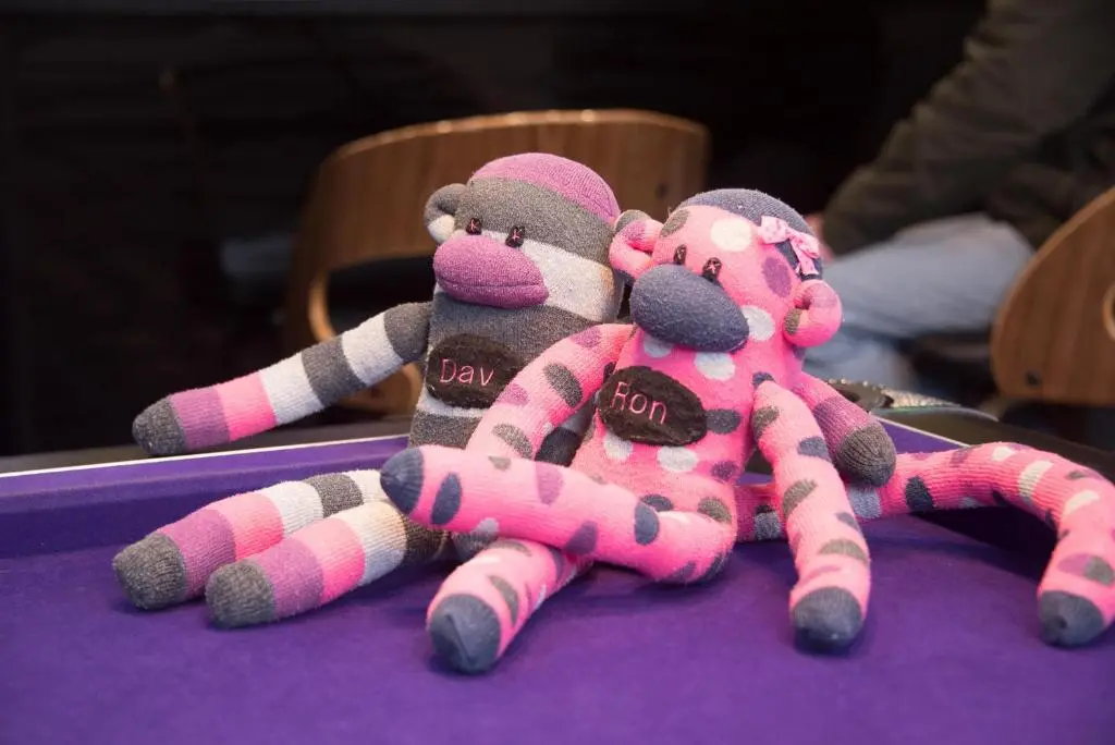 two stuffed animals sitting on top of a table at The Davron Hotel in Fraserburgh