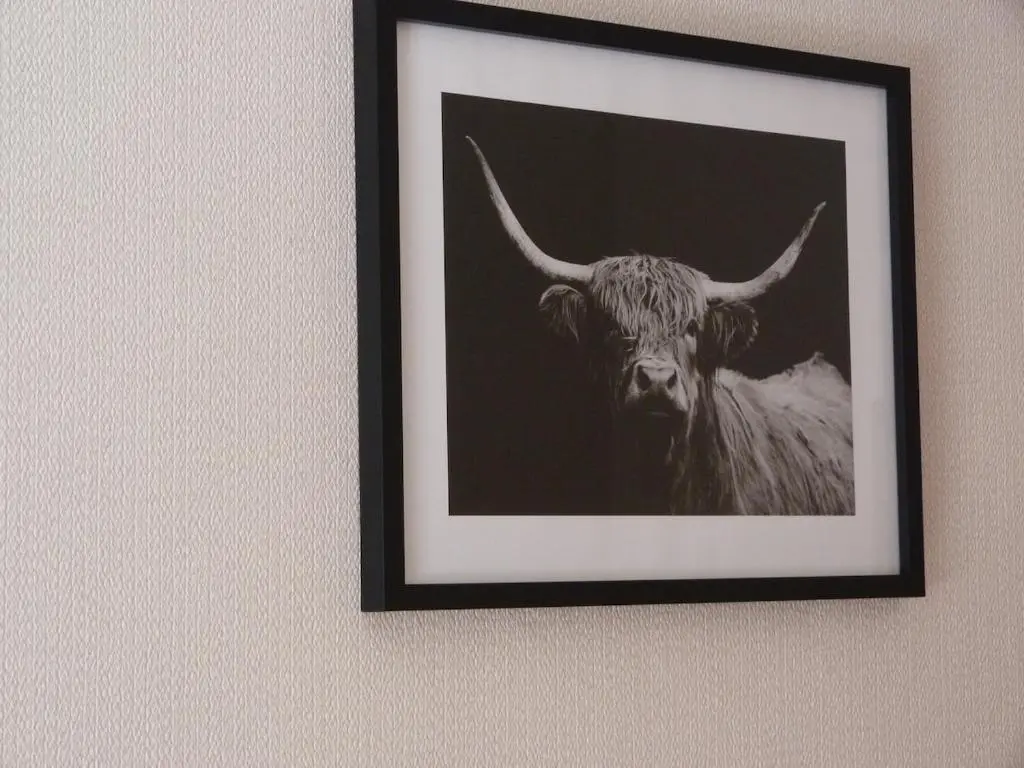 a picture of a bull with horns on a wall at Wee Ness Cottage in Inverness