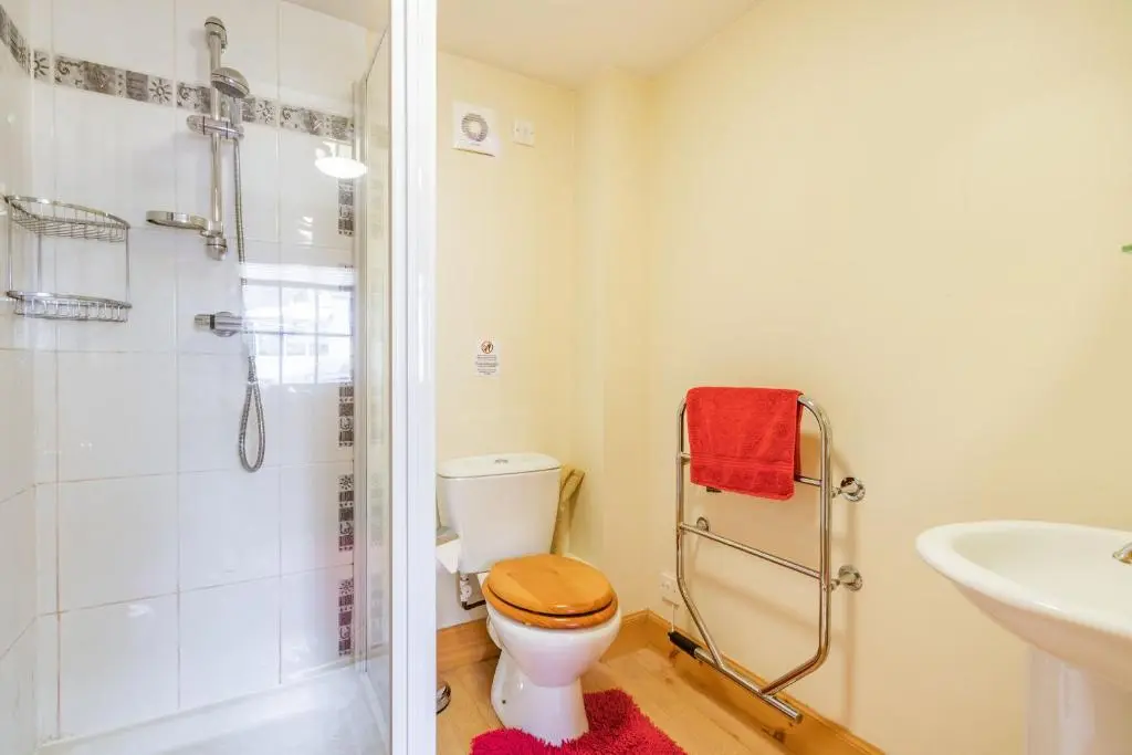a bathroom with a toilet and a shower and a sink at Dunstaffnage Cottage in Grantown on Spey