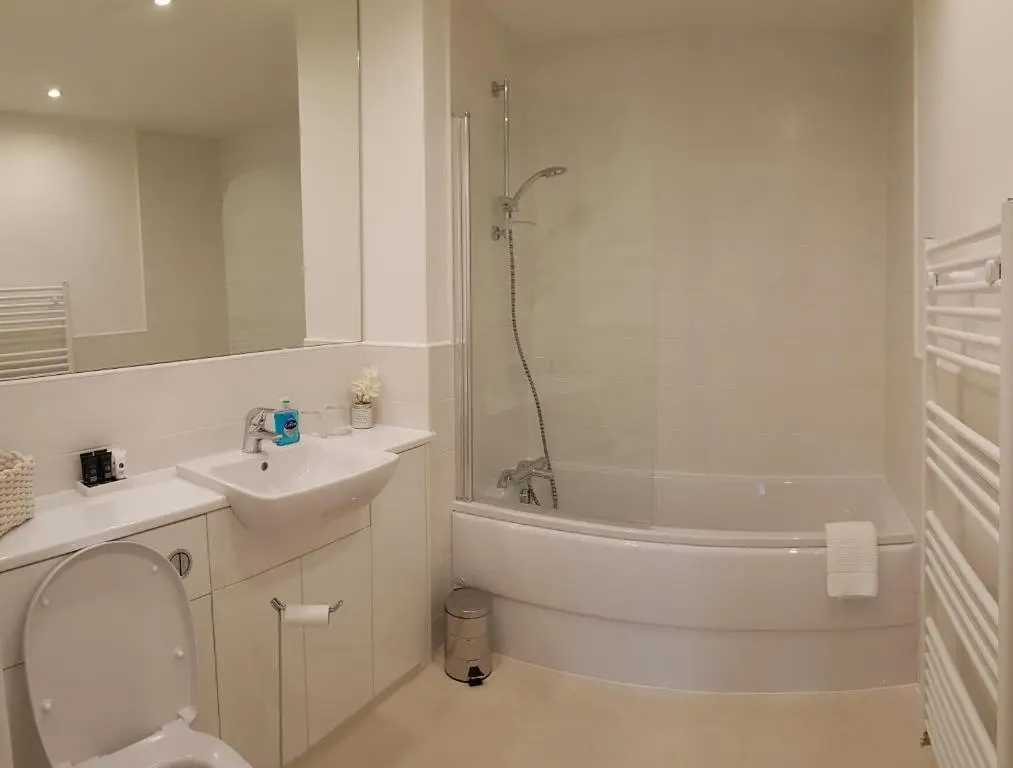 a bathroom with a toilet and a sink and a shower at 23 Hedgefield House in Inverness