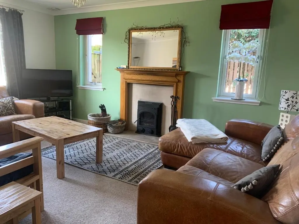 a living room with a couch and a fireplace at Hector's House in Aviemore