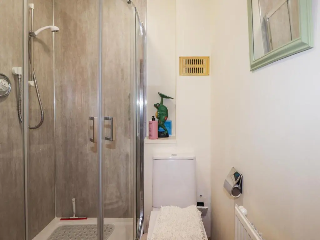 a bathroom with a shower stall and a toilet at Bogairn in Carron