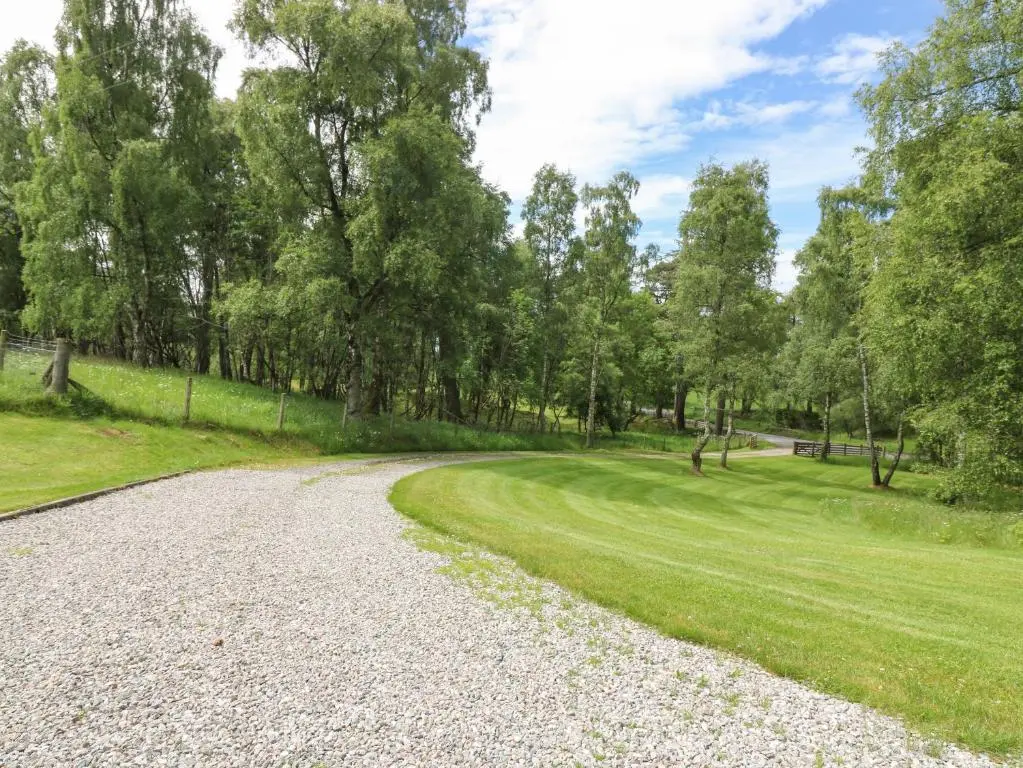 a gravel road in a park with trees at Birchbank in Skye of Curr