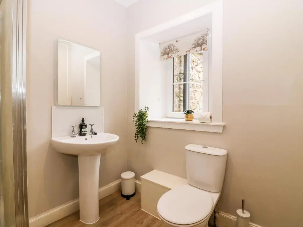 a white bathroom with a toilet and a sink at White Hillocks Farm House in Inchmill
