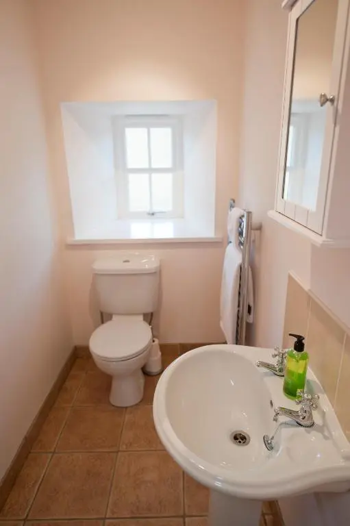 a white bathroom with a toilet and a sink at Lady Macbeths Rest in Banchory