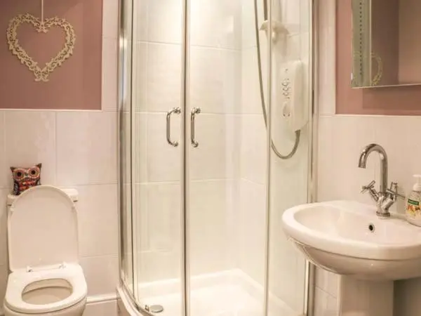 a bathroom with a shower and a toilet and a sink at Seascape in Buckie