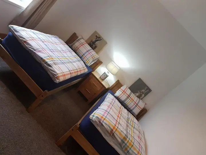a bedroom with two twin beds and a night stand at Yvi's 2-3 Bedroom Town Apartment in Inverurie
