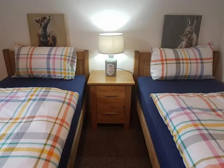 a bedroom with two beds and a table with a lamp at Yvi's 2-3 Bedroom Town Apartment in Inverurie