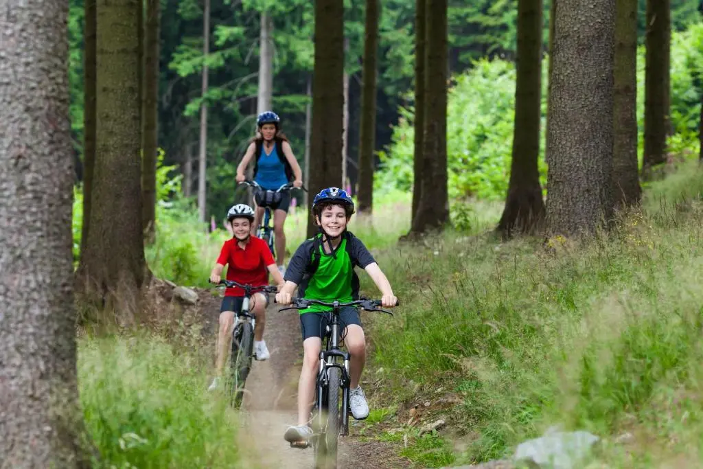 three people riding bikes on a trail in the woods at Macdonald Woodland Lodges at Macdonald Aviemore Resort in Aviemore