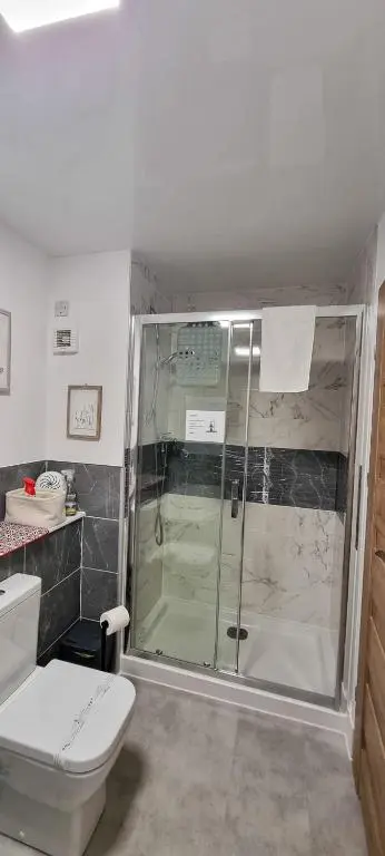 a bathroom with a shower and a toilet at Heart of Inverness-city apartment in Inverness