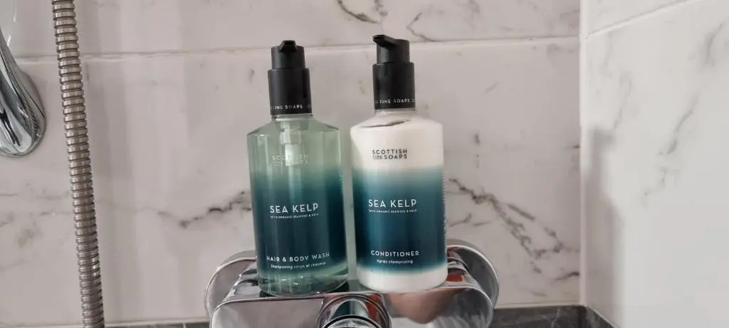 two bottles of soap sitting on top of a sink at Heart of Inverness-city apartment in Inverness