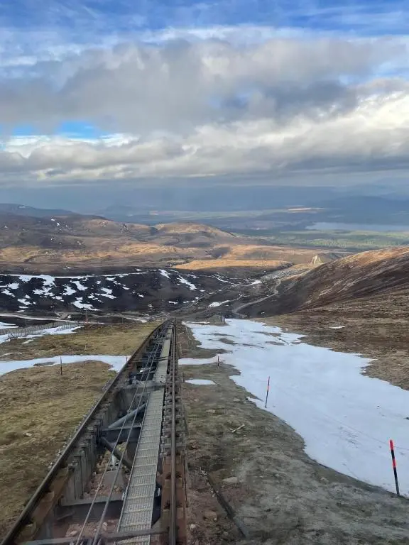 an aerial view of a train track in the countryside at Shetland Cottage Kincraig in Kincraig