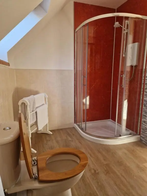 a bathroom with a toilet and a shower at Croft 17 in Ullapool