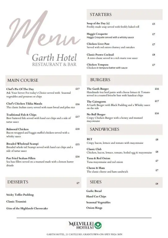 a menu for the garden hotel restaurant and bar at Garth Hotel in Grantown on Spey