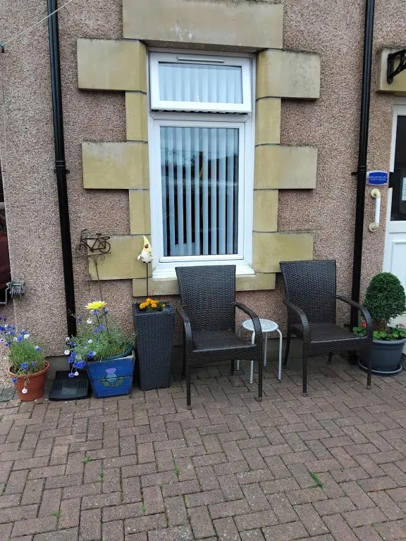 two chairs and potted plants in front of a window at Fairfield Townhouse Guest House in Inverness