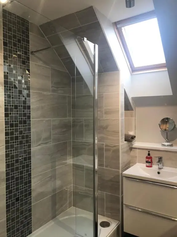 a bathroom with a shower and a toilet and a skylight at Cairngorm Mountain View in Aviemore