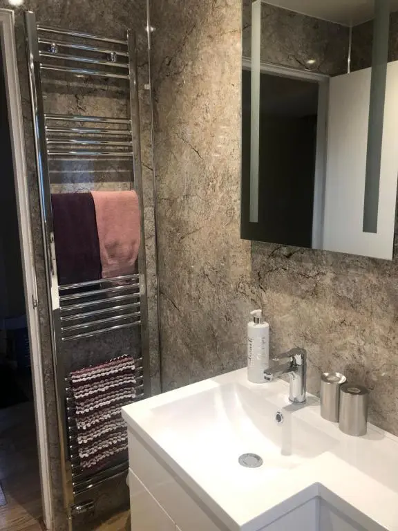 a bathroom with a sink and a shower at Reay Street Apartment in Inverness