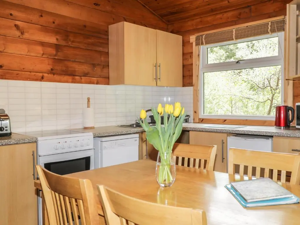a kitchen with a table with yellow flowers in a vase at Otter Lodge in Strathpeffer