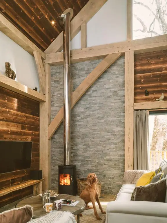 a dog sitting in a living room with a fireplace at Cairngorm Lodge in Aviemore