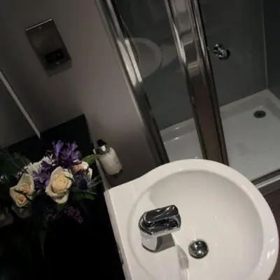 a bathroom with a sink and a toilet and flowers at Newmachar Hotel in Newmachar