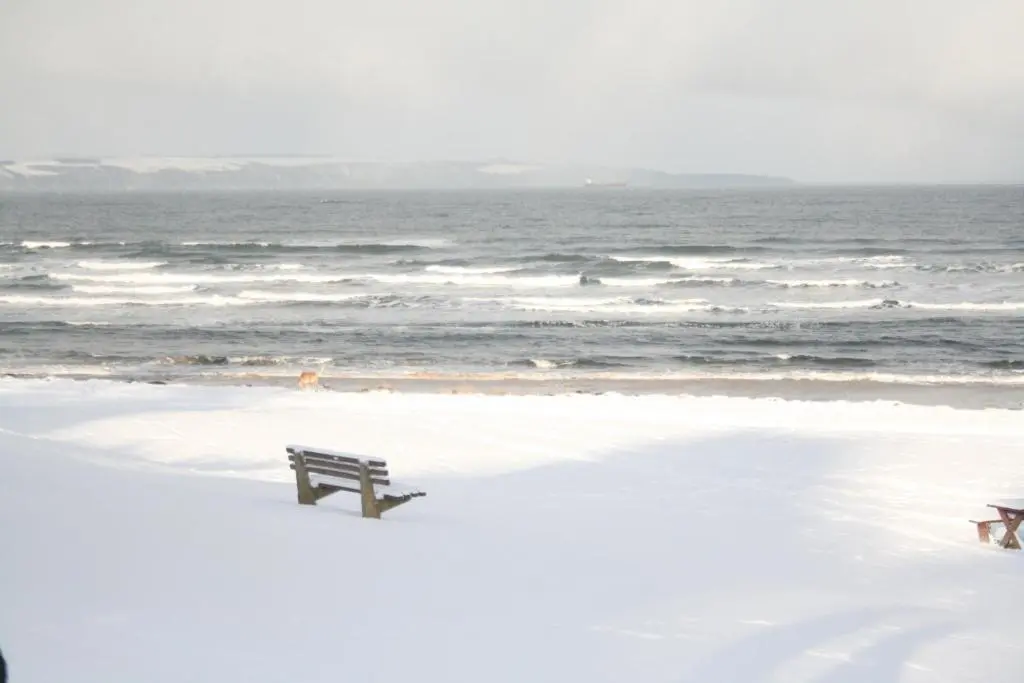 a bench sitting on the beach near the ocean at The Albert Inn in Nairn