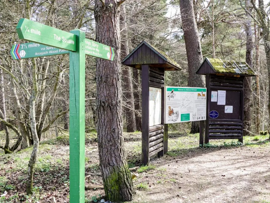 a sign for a hiking trail in the woods at Dalnahaven in Grantown on Spey