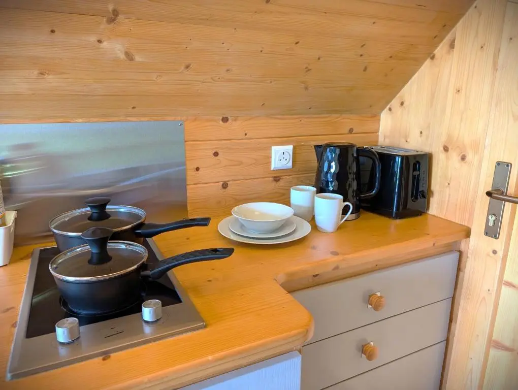 a kitchen counter with a stove with pots and pans at Macbeth's Hillock in Forres