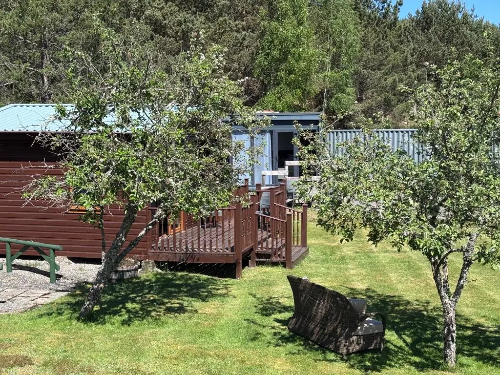 a cabin with a deck and a bench in a yard at The Garden Room Tiny House Bed and Breakfast Stay in Glenmoriston