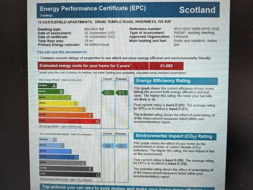 a diagram of the energy performance certificate efk document at Castlefield Apartment Free Parking in Inverness
