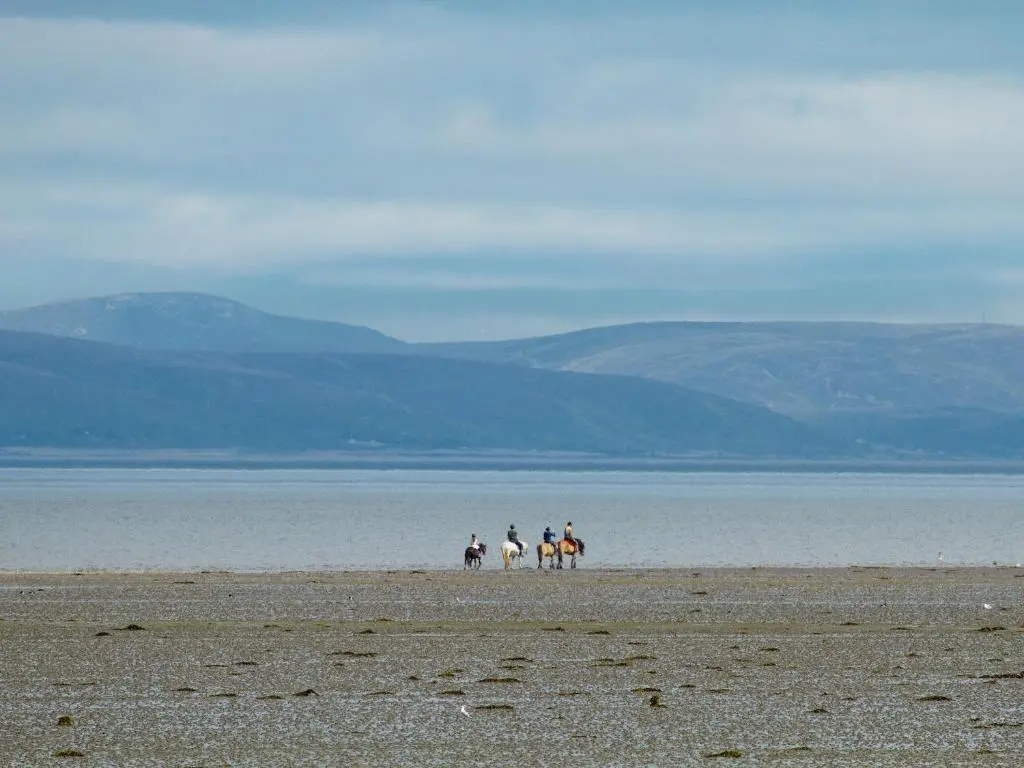 three people riding horses on a beach near the water at Garden Cottage in Tain