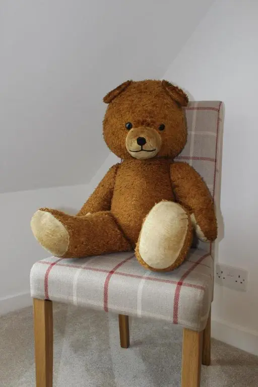 a brown teddy bear sitting on a chair at Ceol Na Mara Cottage by the sea in Nairn