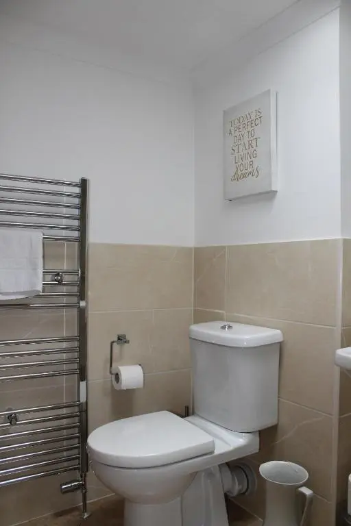 a bathroom with a toilet and a picture on the wall at Ceol Na Mara Cottage by the sea in Nairn