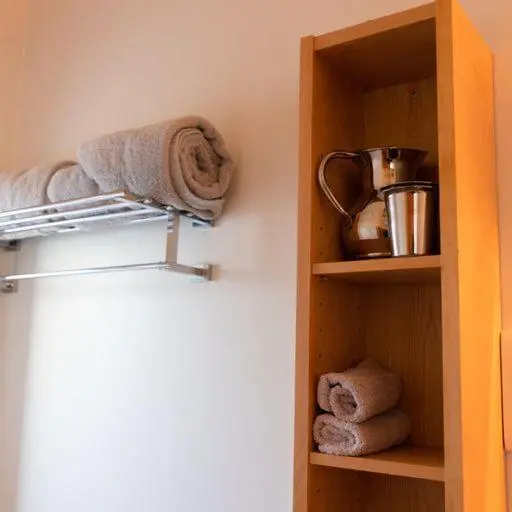 a cupboard with towels and a tea kettle and towels at Schoolhouse in Ballater