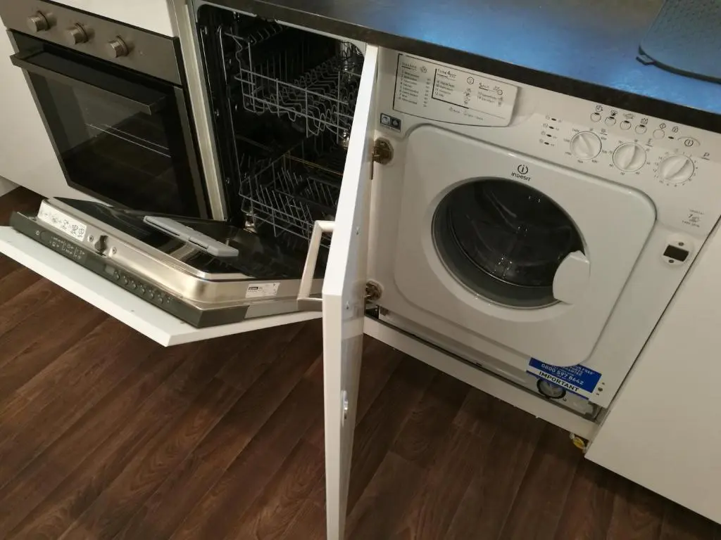 a washing machine and a microwave in a kitchen at The Hedgehogs in Inverness