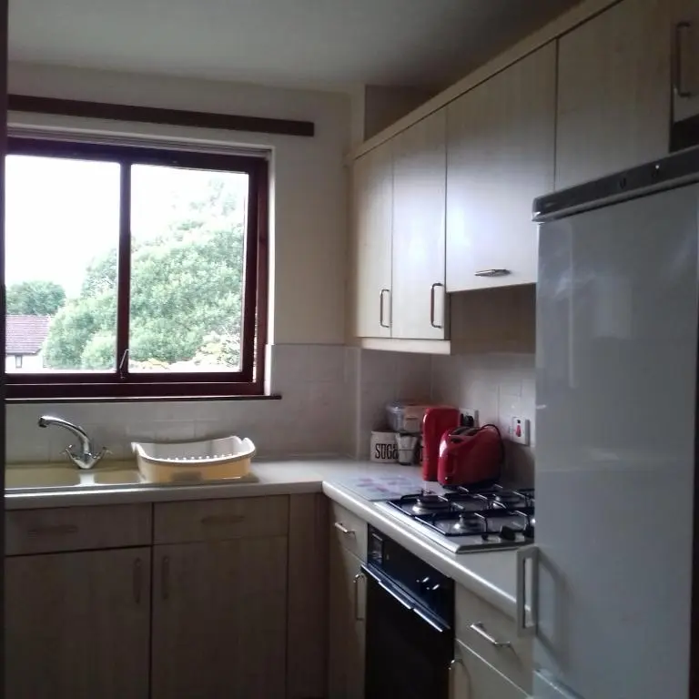 a kitchen with a stove and a sink and a window at Culduthel Vista Apartment in Inverness