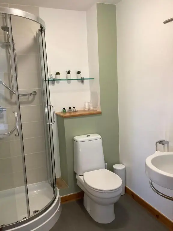 a bathroom with a toilet and a shower and a sink at 37 Farraline Court, City Centre apartment in Inverness