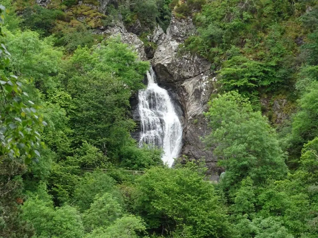 a waterfall in the middle of a forest at The Loft at Log Ness in Foyers