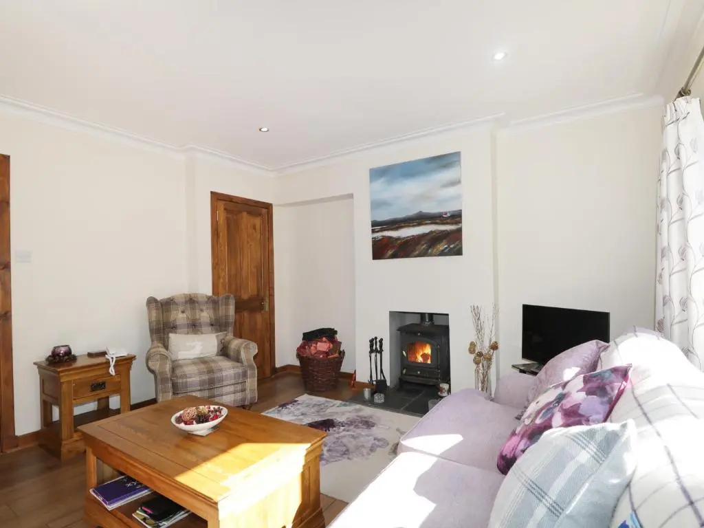 a living room with a couch and a fireplace at St Aethans in Inveran