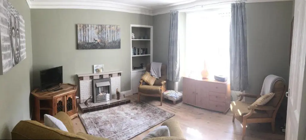 a living room with a couch and a fireplace at 63 Argyle Street in Inverness