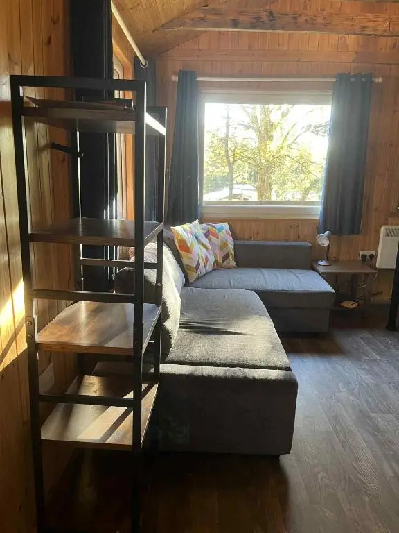 a living room with a couch and a bunk bed at Pine Marten Bar Glenmore Treehouse in Aviemore