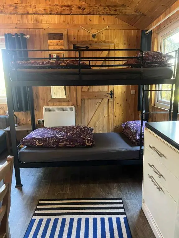 a bedroom with two bunk beds in a cabin at Pine Marten Bar Glenmore Treehouse in Aviemore