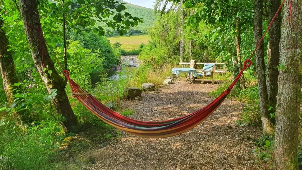 a hammock hanging from a tree in a forest at River Cottage Hot tub spa in Drumnadrochit
