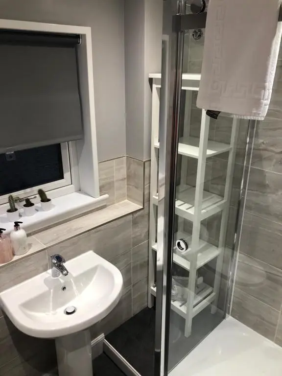 a bathroom with a sink and a glass shower at L&H APARTMENTS in Inverness